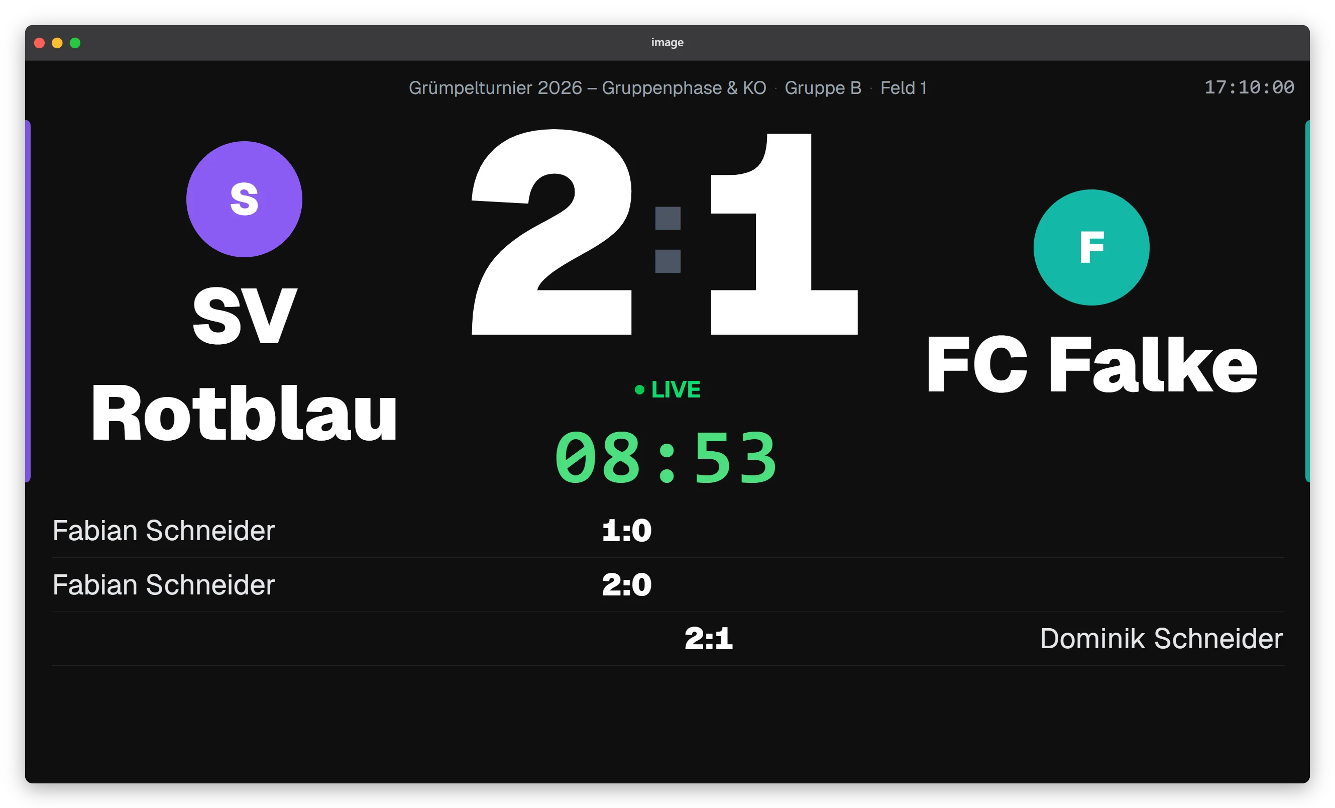 Anzeigetafel von anstoss mit Live-Spielstand für Beamer oder TV in der Halle