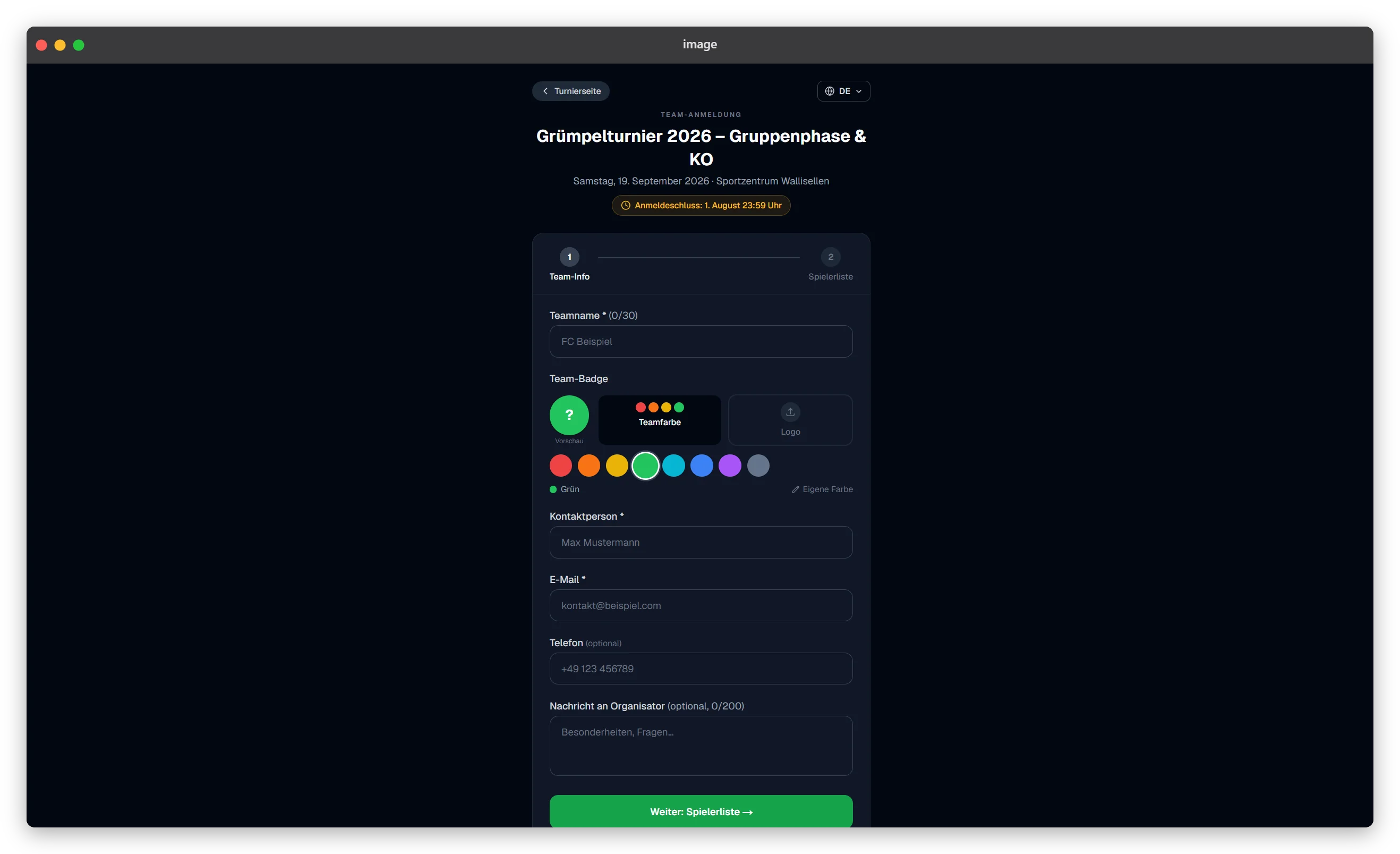 Anmeldeformular von anstoss, über das sich ein Team mit Teamname und Spielerliste für ein Turnier anmeldet